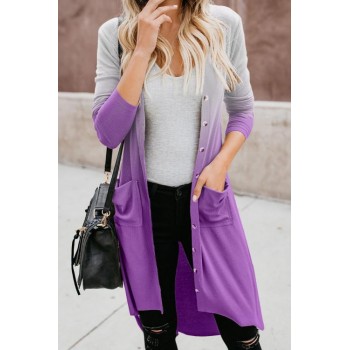 Blue Ombre Button Down Pocketed High Low Cardigan Gray Purple